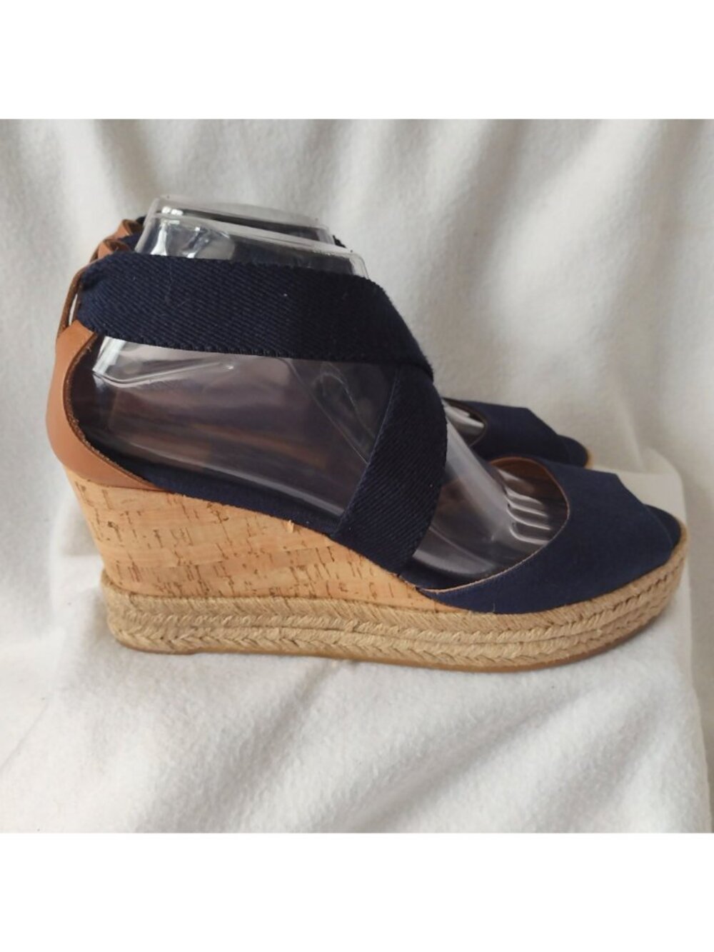 Tory Burch Natanya Wedge Espadrilles 9 Navy Blue Sandals w Elastic Ankle Straps - Picture 4 of 10